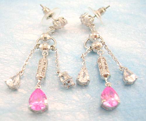 designer jewelry wholesale distribute pink and clear cz earring in brass base and plated with rhodium