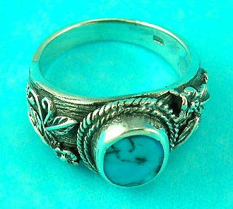 top online gem jewelry wholesale supplies round turquoise silver ring along with nice decoration on the side    